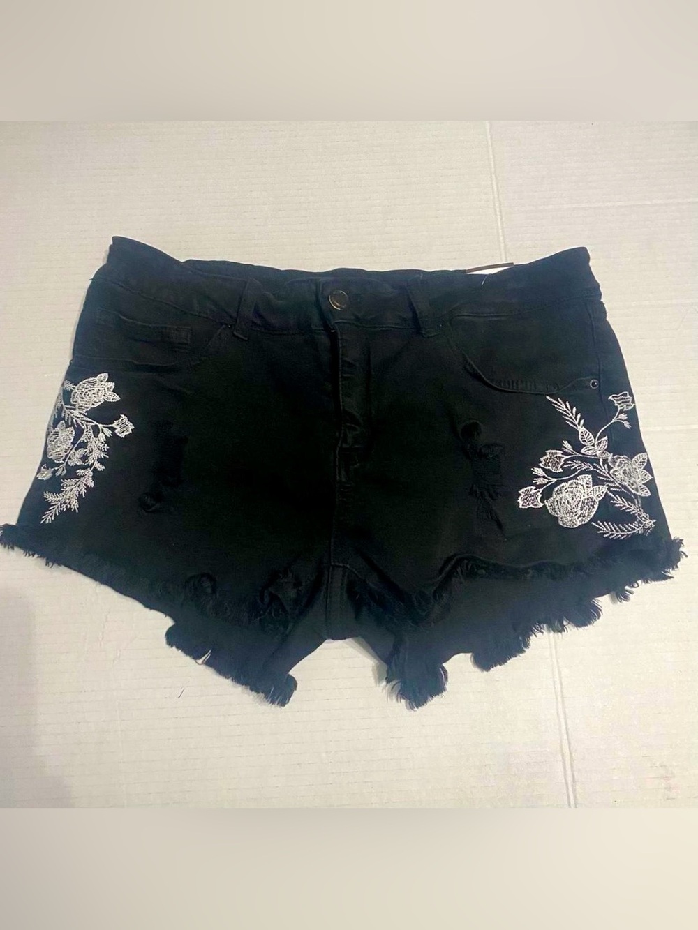 Black Boho Denim distressed cutoff Midrise Shorts with White Floral Embroidery